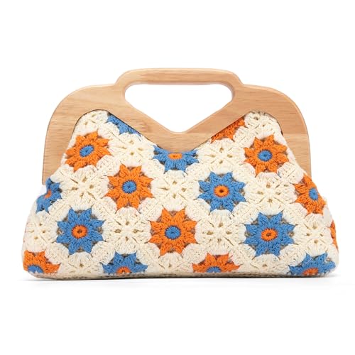 NEWBELLA Damen Häkeltasche Abendtasche Handgewebt Kleine Top Griff Geldbörse Boho Vintage für Party Hochzeit oder besondere Anlässe, Blau von NEWBELLA