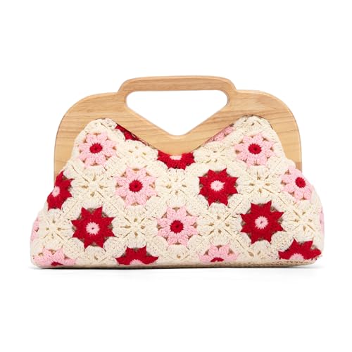 NEWBELLA Damen Häkeltasche Abendtasche Handgewebt Kleine Top Griff Geldbörse Boho Vintage für Party Hochzeit oder besondere Anlässe, Rot/Ausflug, einfarbig (Getaway Solids) von NEWBELLA
