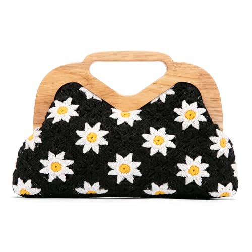 NEWBELLA Damen Häkeltasche Abendtasche Handgewebt Kleine Top Griff Geldbörse Boho Vintage für Party Hochzeit oder besondere Anlässe, Schwarz von NEWBELLA