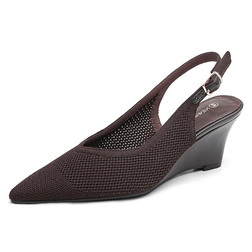 NEWBELLA Damen Keilabsätze - Minimalistische Kunstleder-Pumps mit Rückengurten, bequeme Anzugschuhe für Arbeit und Alltag, Kaffee, 36 EU von NEWBELLA