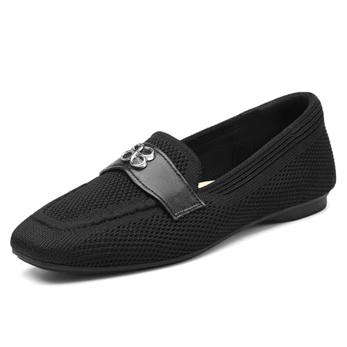 NEWBELLA Damen Knit Loafers - Atmungsaktive Flache Formelle Schuhe für Frauen Bequeme Slip-On Office Loafer Casual Arbeitsschuhe mit Fußgewölbeunterstützung, Schwarz, 36 EU von NEWBELLA