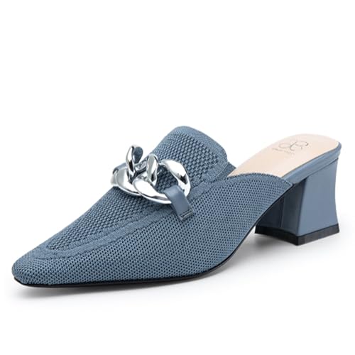 NEWBELLA Damen Knit Pointed Toe Chunky Heel Pantoletten Bequeme Slip-On Sandalen für Business und Alltag, Blaugrau., 39.5 EU von NEWBELLA