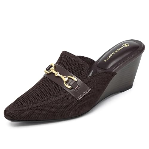 NEWBELLA Damen Knit Pointed Toe Chunky Heel Pantoletten Bequeme Slip-On Sandalen für Business und Alltag, Coffee Wedge, 39.5 EU von NEWBELLA