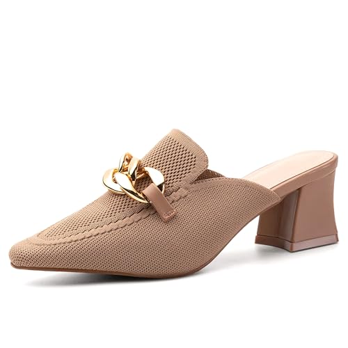 NEWBELLA Damen Knit Pointed Toe Chunky Heel Pantoletten Bequeme Slip-On Sandalen für Business und Alltag, aprikose, 37.5 EU von NEWBELLA