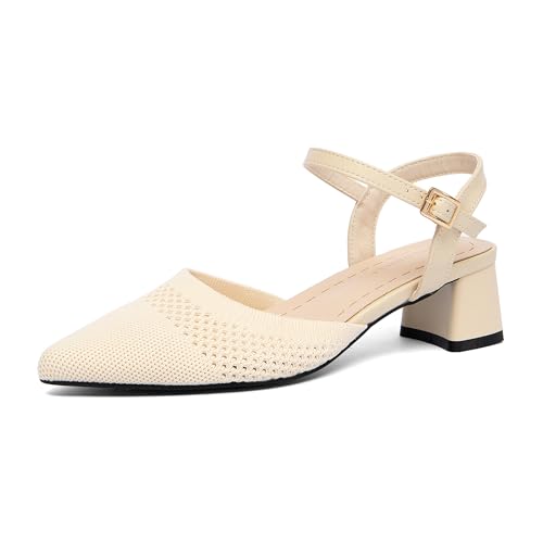 NEWBELLA Damen Knit Pointed Toe Chunky Heel Sandalen Chunky Block Heel Sommerschuhe Atmungsaktive Sandalen für Business und Alltag, Cream, 37.5 EU von NEWBELLA