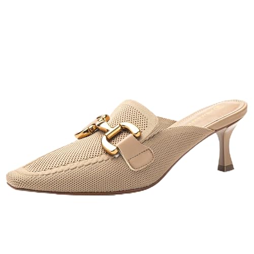 NEWBELLA Damen-Pantoletten mit Kätzchen-Absatz, spitzer Zehenbereich, Slipper, niedrige Absätze, bequeme Arbeitsschuhe für den täglichen Pendler und das Büro, aprikose, 37.5 EU von NEWBELLA