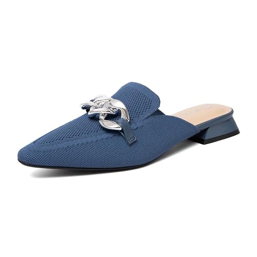 NEWBELLA Damen Pantoletten mit flachem spitzem Zehenbereich – Slip-on Pendler-Schuhe zum Spazierengehen, atmungsaktive Büro-Loafers, minimalistische lässige Slides, Blau, 42 EU von NEWBELLA