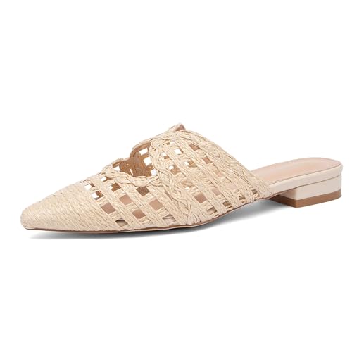 NEWBELLA Damen Pantoletten mit niedrigem Absatz – Spitz zulaufende Pendlerschuhe, bequeme Freizeitsandalen für Arbeit und Alltag, Aprikose gewebt, 38 EU von NEWBELLA