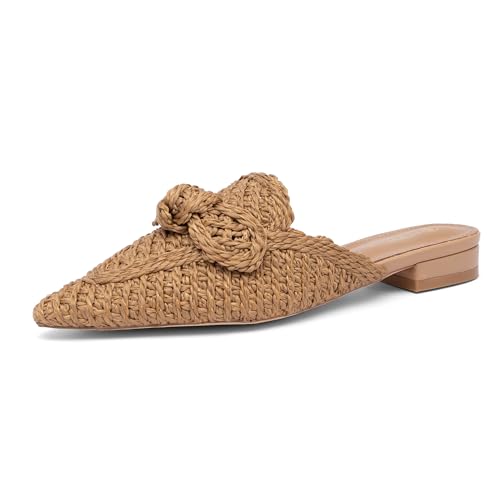 NEWBELLA Damen Pantoletten mit niedrigem Absatz – Spitz zulaufende Pendlerschuhe, bequeme Freizeitsandalen für Arbeit und Alltag, Brauner Strick, 38.5 EU von NEWBELLA