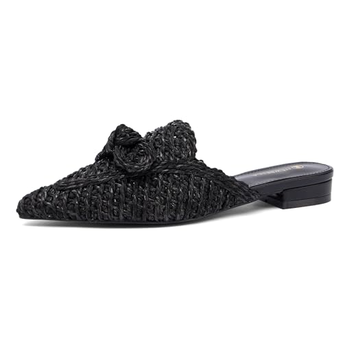 NEWBELLA Damen Pantoletten mit niedrigem Absatz – Spitz zulaufende Pendlerschuhe, bequeme Freizeitsandalen für Arbeit und Alltag, Schwarz Strick, 38.5 EU von NEWBELLA