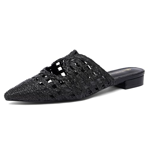 NEWBELLA Damen Pantoletten mit niedrigem Absatz – Spitz zulaufende Pendlerschuhe, bequeme Freizeitsandalen für Arbeit und Alltag, Schwarz gewebt, 37.5 EU von NEWBELLA