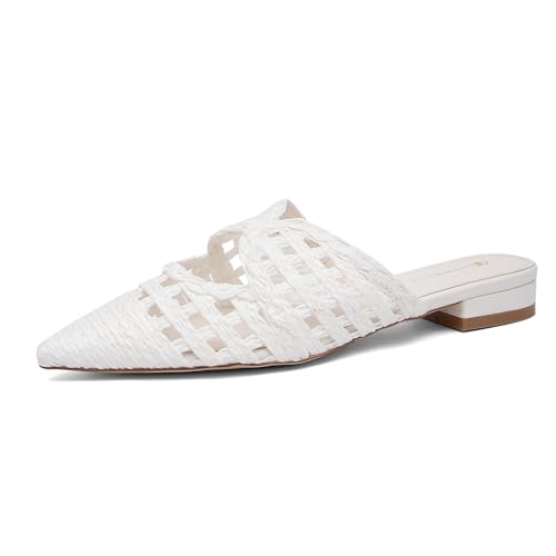 NEWBELLA Damen Pantoletten mit niedrigem Absatz – Spitz zulaufende Pendlerschuhe, bequeme Freizeitsandalen für Arbeit und Alltag, Weiß gewebt, 38.5 EU von NEWBELLA