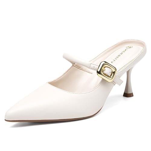 NEWBELLA Damen Pantoletten mit spitzem Zehenabsatz für Frauen PU Absatz Sandalen Pantoletten Schuhe Stiletto Absatz, Cream, 40 EU Weit von NEWBELLA