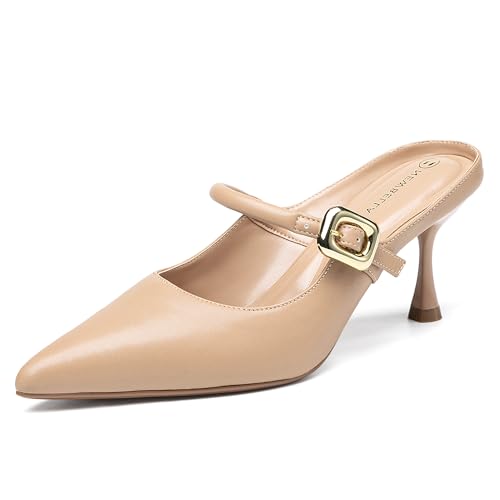 NEWBELLA Damen Pantoletten mit spitzem Zehenabsatz für Frauen PU Absatz Sandalen Pantoletten Schuhe Stiletto Absatz, aprikose, 40 EU Weit von NEWBELLA