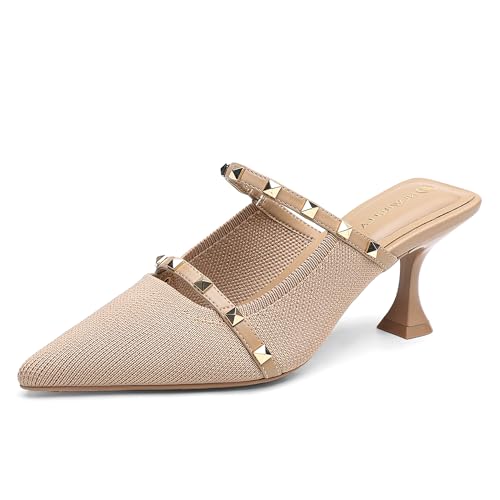 NEWBELLA Damen Pantoletten mit spitzem Zehenbereich, Kätzchen-Absatz, elegante Slip-on-Absatz-Sandalen, niedriger Absatz, elegante Schuhe für Büro, Hochzeit, Abendgarderobe, Nieten-Aprikose, 41 EU von NEWBELLA
