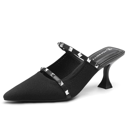 NEWBELLA Damen Pantoletten mit spitzem Zehenbereich, Kätzchen-Absatz, elegante Slip-on-Absatz-Sandalen, niedriger Absatz, elegante Schuhe für Büro, Hochzeit, Abendgarderobe, Nieten-Schwarz, 38.5 EU von NEWBELLA