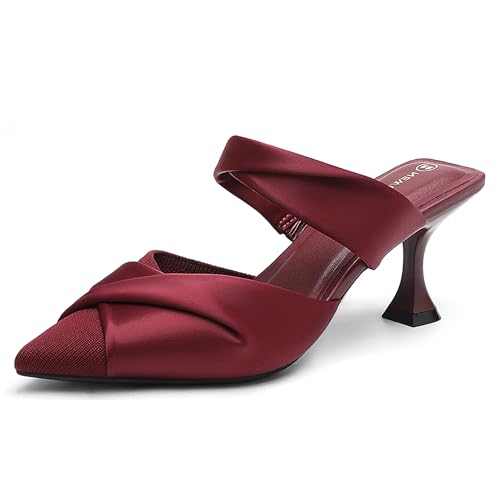 NEWBELLA Damen Pantoletten mit spitzem Zehenbereich, Kätzchen-Absatz, elegante Slip-on-Absatz-Sandalen, niedriger Absatz, elegante Schuhe für Büro, Hochzeit, Abendgarderobe, Schleifen-Burgunderrot, 39 von NEWBELLA