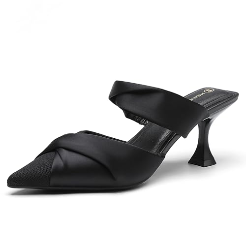 NEWBELLA Damen Pantoletten mit spitzem Zehenbereich, Kätzchen-Absatz, elegante Slip-on-Absatz-Sandalen, niedriger Absatz, elegante Schuhe für Büro, Hochzeit, Abendgarderobe, Schleifenband, Schwarz, 37 von NEWBELLA