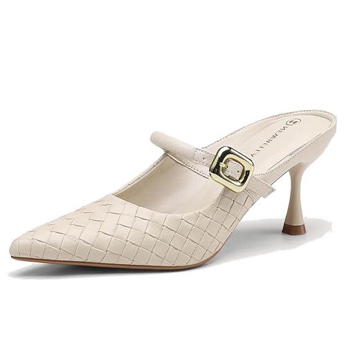 NEWBELLA Damen Pantoletten mit spitzem Zehenbereich – Kunstleder Kitten-Heel Slip-On Sandalen für lässige und elegante Outfits, Cream, 37.5 EU von NEWBELLA