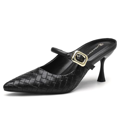 NEWBELLA Damen Pantoletten mit spitzem Zehenbereich – Kunstleder Kitten-Heel Slip-On Sandalen für lässige und elegante Outfits, Schwarz, 40 EU von NEWBELLA