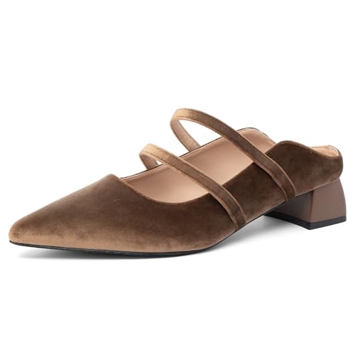 NEWBELLA Damen Pantoletten mit spitzem Zehenbereich – klobiger Absatz für Damen, bequeme Pendelschuhe, offener Rücken, Sommerpantoffeln, lässige elegante Loafers, Kaffee, 39.5 EU von NEWBELLA