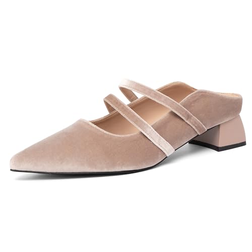 NEWBELLA Damen Pantoletten mit spitzem Zehenbereich – klobiger Absatz für Damen, bequeme Pendelschuhe, offener Rücken, Sommerpantoffeln, lässige elegante Loafers, Velvet Aprikose, 38.5 EU von NEWBELLA