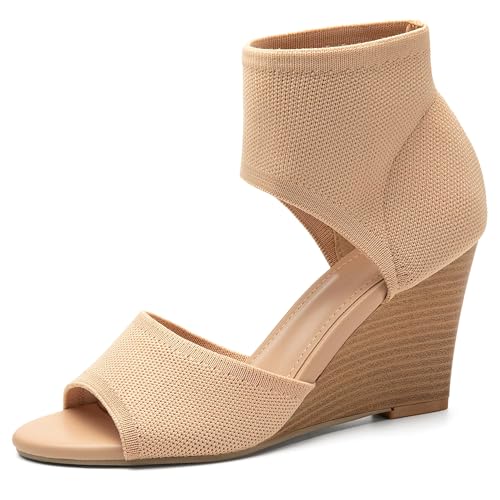 NEWBELLA Damen Peep-Toe Keilsandalen Stretchy Knit Slip On Ankle Booties Sommer Dressy Heels, aprikose, 37 EU von NEWBELLA