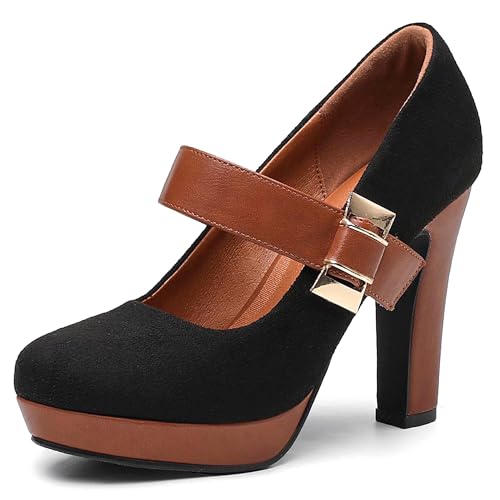 NEWBELLA Damen Plateau Pumps - High Heel Geschlossene Zehen Kleid Schuhe mit Knöchelriemen Bequeme Blockabsatz Runde Zehen Hochzeit & Party Schuhe, Schwarz, 41 EU von NEWBELLA