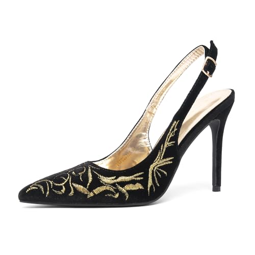 NEWBELLA Damen Pumps mit spitzem Zehenbereich, elegantes Muster, Stiletto-Absätze mit Rückenriemen, elegante High Heels, Schuhe für Hochzeit, Party, Abendgarderobe, Schwarz, 37 EU von NEWBELLA