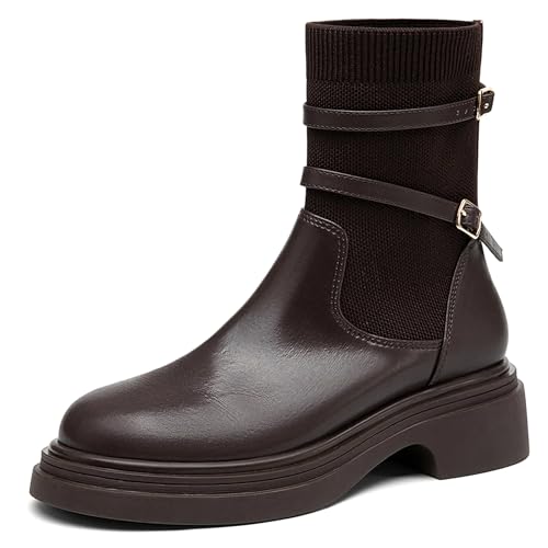 NEWBELLA Damen Punk Round Toe Stiefeletten Riemchen Dekor Casual Bequeme Booties mit Fußgewölbeunterstützung Rutschfeste Sohle, Braun, 39.5 EU von NEWBELLA