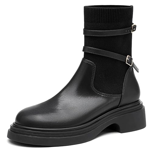 NEWBELLA Damen Punk Round Toe Stiefeletten Riemchen Dekor Casual Bequeme Booties mit Fußgewölbeunterstützung Rutschfeste Sohle, Schwarz, 37 EU von NEWBELLA