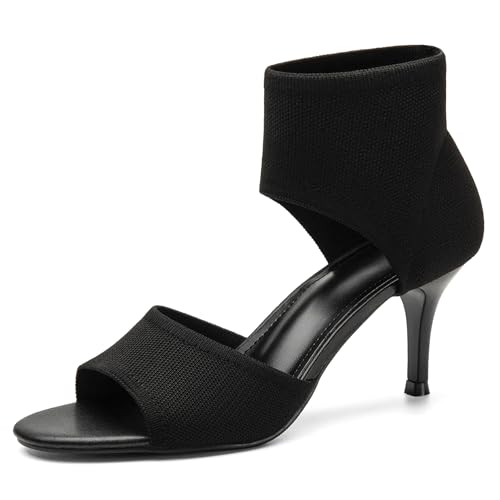NEWBELLA Damen Retro Peep Toe Sandalen - Elegantes Stiletto-Absatz-Design mit atmungsaktivem Mesh-Strick-Obermaterial, bequeme elastische Freizeitsandalen für den täglichen Gebrauch, Schwarz-niedriger von NEWBELLA