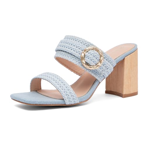 NEWBELLA Damen Sandalen Geflochten High Heel Sandalen Slip-On Sommerschuhe mit Blockabsatz Dopamin Stil Strand Hochzeit Sandalen für Frauen, Blau, 37.5 EU von NEWBELLA