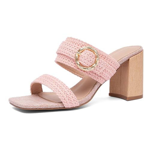 NEWBELLA Damen Sandalen Geflochten High Heel Sandalen Slip-On Sommerschuhe mit Blockabsatz Dopamin Stil Strand Hochzeit Sandalen für Frauen, Pink, 38.5 EU von NEWBELLA