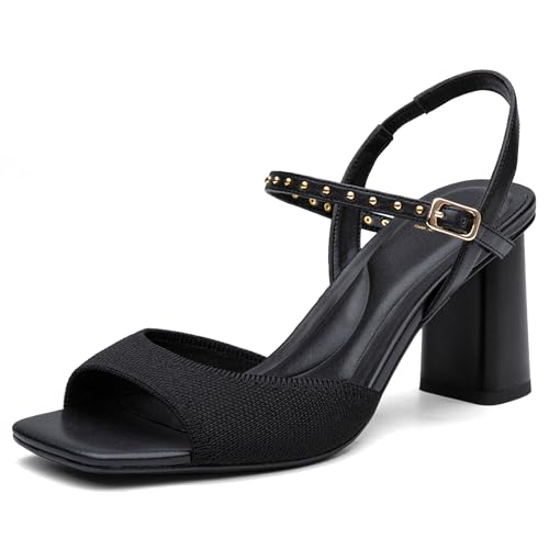 NEWBELLA Damen-Sandalen mit klobigem Absatz, offener quadratischer Zehenbereich, Knöchelriemen, Kleid Sandalen mit Schnalle, bequeme High Heels, Slingbacks für Büro, Party, Abendgarderobe, Schwarz, 41 von NEWBELLA