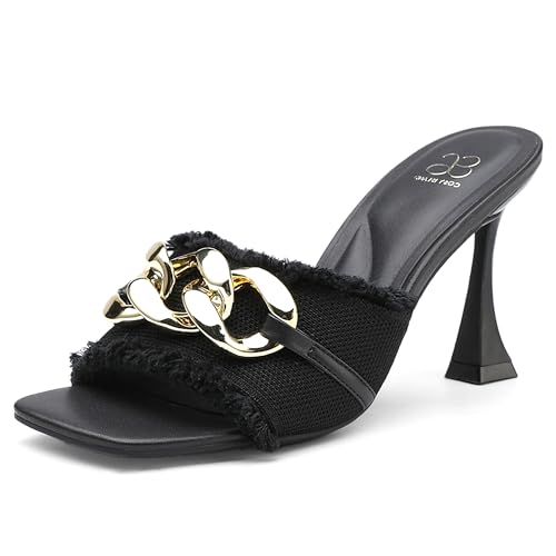 NEWBELLA Damen Sandalen mit quadratischem Zehenbereich, modische Raw Edge Kettenriemenabsätze Sommer Abendschuhe mit Kätzchen-Absatz für Partys und Dating, Schwarz, 40 EU von NEWBELLA