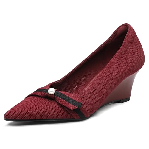 NEWBELLA Damen Schleife Keilabsatz Einfache Knit Slip-On Pumps Spitz Zehen Bequeme Büro Arbeitsschuhe mit Blockabsatz, Burgunder, 35.5 EU von NEWBELLA