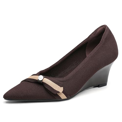 NEWBELLA Damen Schleife Keilabsatz Einfache Knit Slip-On Pumps Spitz Zehen Bequeme Büro Arbeitsschuhe mit Blockabsatz, Kaffee, 39 EU von NEWBELLA