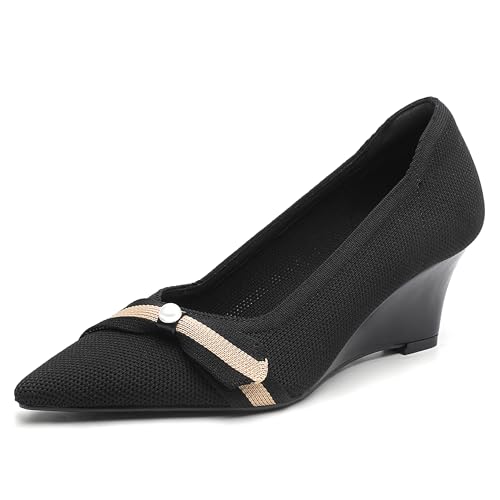 NEWBELLA Damen Schleife Keilabsatz Einfache Knit Slip-On Pumps Spitz Zehen Bequeme Büro Arbeitsschuhe mit Blockabsatz, Schwarz, 36 EU von NEWBELLA