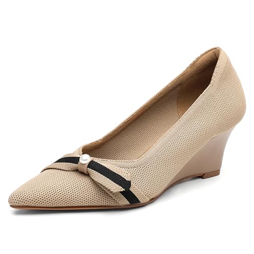 NEWBELLA Damen Schleife Keilabsatz Einfache Knit Slip-On Pumps Spitz Zehen Bequeme Büro Arbeitsschuhe mit Blockabsatz, aprikose, 36 EU von NEWBELLA