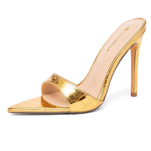 NEWBELLA Damen Stiletto High Peep Open Pointed Toe Sandalen Slip-on Slingback Sommer Casual Hochzeit Abschlussball Party Bequem Elegant 10,9 cm Absatz, Gold, 42 EU von NEWBELLA