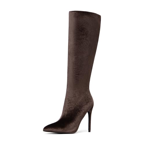 NEWBELLA Damen Wildleder Kniehohe Stiefel Schlankes Design Stiletto Absatz Stiefel für Alltag Halloween Weihnachten, Braun, 38.5 EU von NEWBELLA