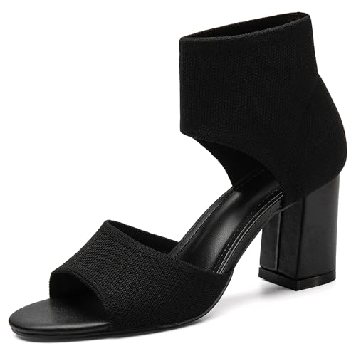 NEWBELLA MOUSSE FIT Damen Knit Blockabsatz Sandalen 2,5 Zoll Chunky Heels Atmungsaktive Party Hochzeit Schuhe mit Rutschfester Gummisohle, Schwarz, 35 EU von NEWBELLA