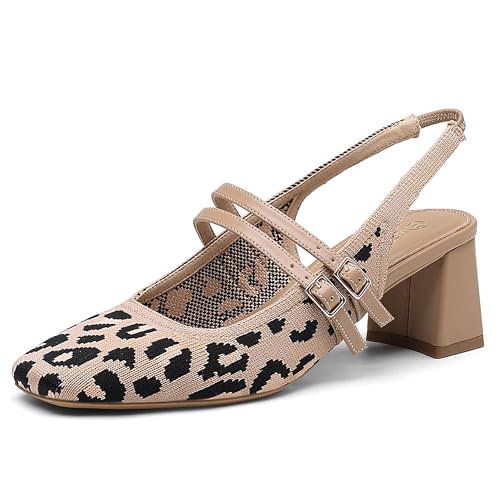NEWBELLA Mary Jane Damen-Pumps mit niedrigem Absatz, klobige Slingback-Schuhe mit quadratischer Zehenpartie und Schnallenriemen für Hochzeit/Brautjungfer/Büro, Leoparden-Print, 35 EU von NEWBELLA