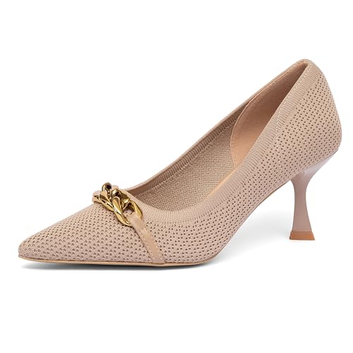 NEWBELLA Mousse FIT Damen Gestrickte Spitze Stiletto Heels Stiletto Kleid Pumps mit Kettenriemendetail Bequeme formelle Schuhe, aprikose, 38.5 EU von NEWBELLA