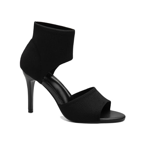 NEWBELLA Mousse Fit Peep Toe Stiletto Heeled Sandalen Damen Leichte Schwarze Absätze Atmungsaktiv Strick Elastisches Design Obermaterial für elegante Hochzeit Arbeit, Schwarz, 38 EU von NEWBELLA