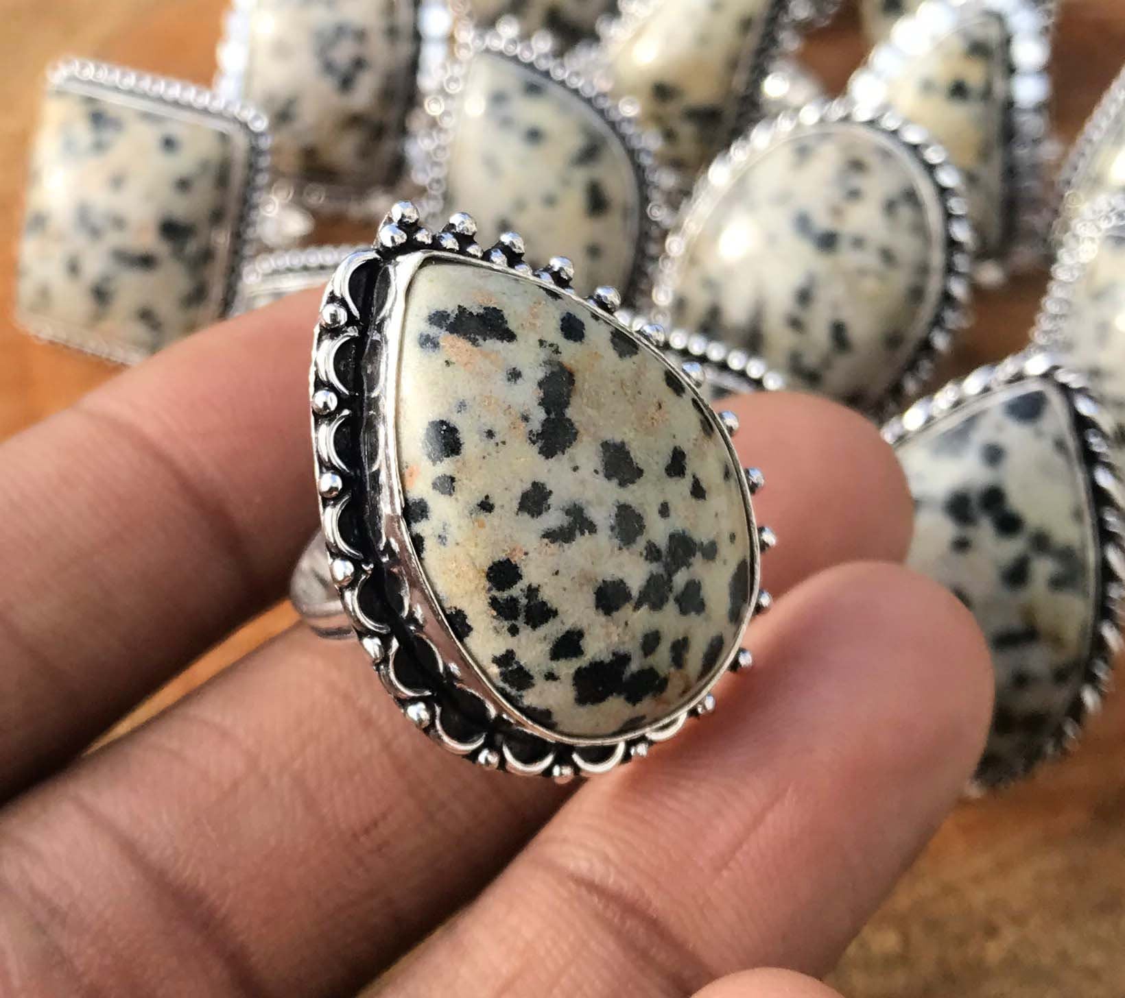 Dalmatiner Jaspis Ring, Handgefertigter Hippie Silber Overlay Frauen Vintage Boho Chunky Ring Schmuck von NEWCELLECTION