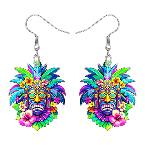 NEWEI Acryl Lustig Hawaii Stil Blumen Tribal Tiki Masken Ohrringe Hängend Vintage Boho Quirky Gesicht Ohrringe Polynesian Bohemian Schmuck Geschenke für Damen Mädchen Luau Party (Buntes) von NEWEI