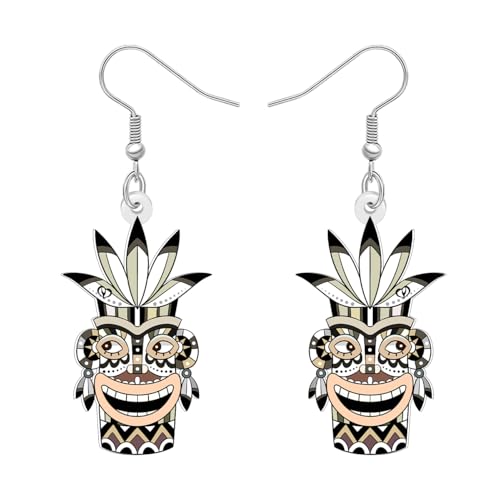 NEWEI Acryl Lustig Hawaii Stil Blumen Tribal Tiki Masken Ohrringe Hängend Vintage Boho Quirky Gesicht Ohrringe Polynesian Bohemian Schmuck Geschenke für Damen Mädchen Luau Party (Grau) von NEWEI
