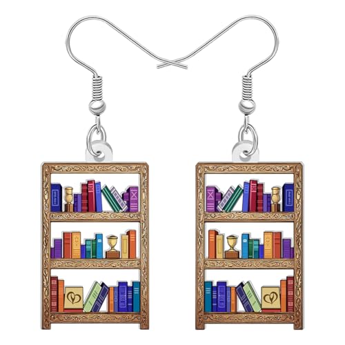 NEWEI Acryl Lustig Lehrer Bücherregal Ohrringe Hängend Drop Schrullig Anerkennung Schmuck Buchliebhaber Geschenke für Damen Mädchen Bücherwurm Bibliothekar Zubehör (Braun) von NEWEI